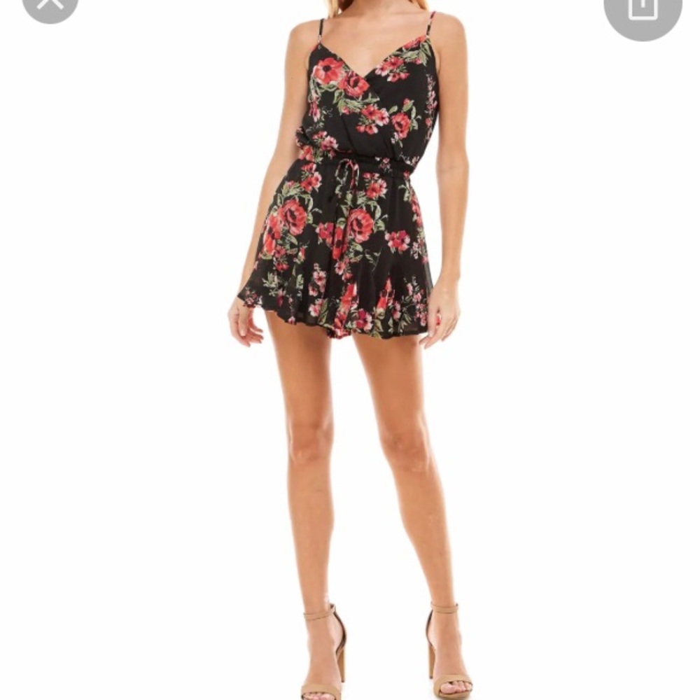 Charmed Black Floral Romper w/ Wrap Around Faux Skirt w/ Ties Adjustable Straps